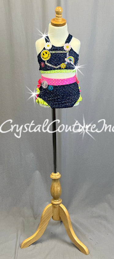 Denim Two Piece with Neon Ruffles and Patches - Rhinestones
