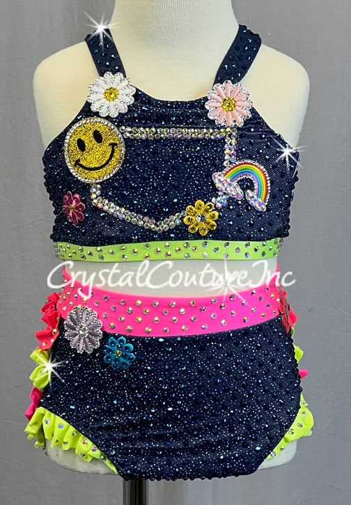 Denim Two Piece with Neon Ruffles and Patches - Rhinestones