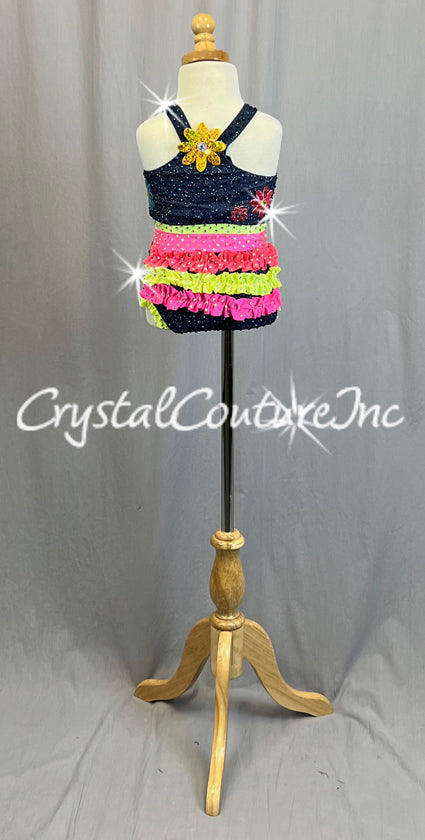 Denim Two Piece with Neon Ruffles and Patches - Rhinestones