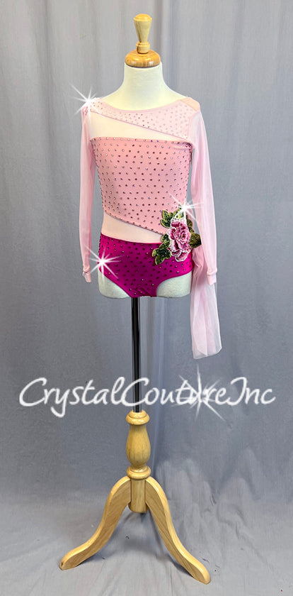 Shades of Pink Leotard with Rhinestones and 3D Floral Appliques