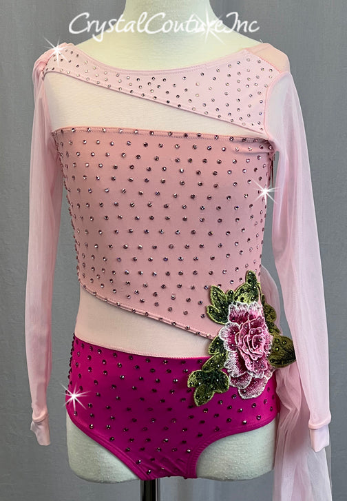 Shades of Pink Leotard with Rhinestones and 3D Floral Appliques