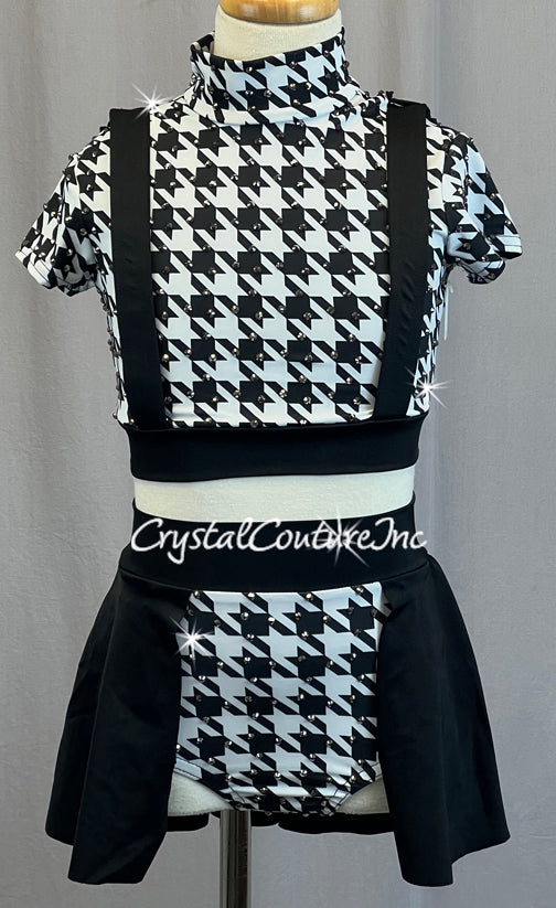 Black and White Houndstooth Crop and Trunk with Attached Half Skirt - Rhinestones