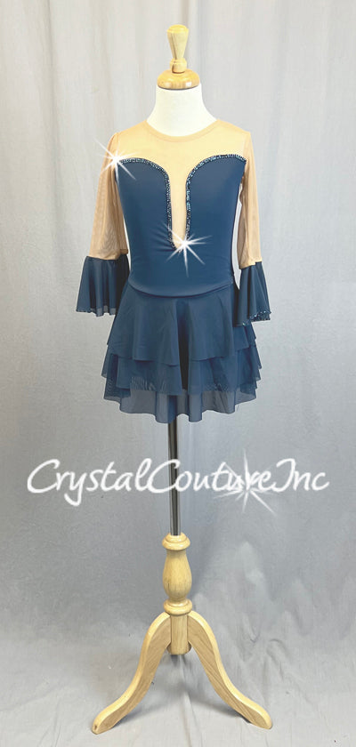 Smokey Blue Leotard with Tiered Skirt and Flutter Sleeves - Rhinestones