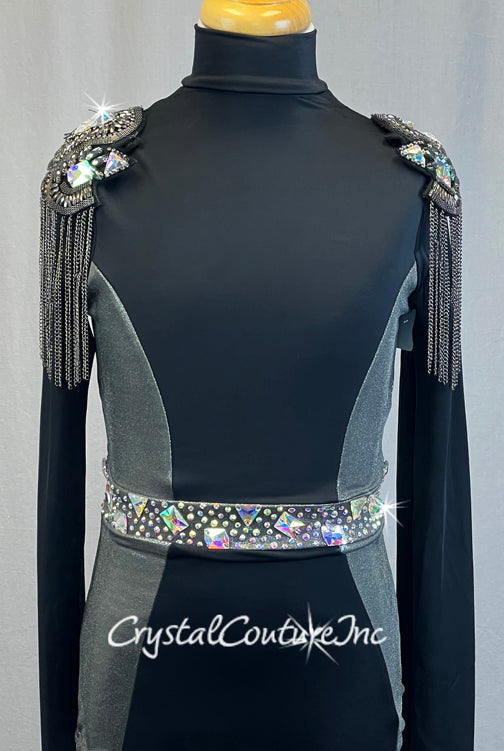 Black and Chrome Leotard with Epaulettes and Chain Mail Fringe - Rhinestones