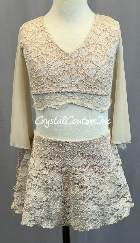 Ivory Lace Two Piece with Flutter Sleeves and Short Skirt