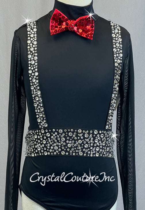 Black Leotard with Red Bowtie and Rhinestoned Suspenders