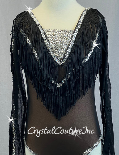 Black Mesh Leotard with Fringe - Rhinestones