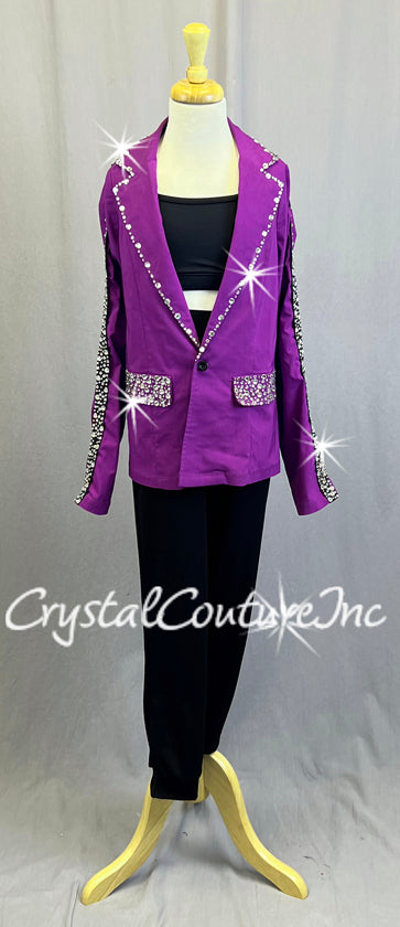 Purple Blazer Jacket with Black Joggers - Rhinestones