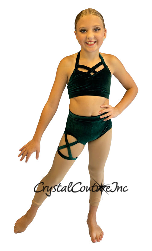 Green Velvet Two Piece Halter Top with Trunks and Strappy Leg Band