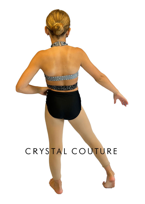 Grey and Black Connected Two Piece with Strappy Hip and Rhinestones