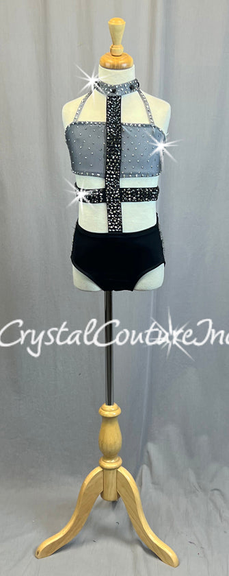 Grey & Black Connected Two Piece with Strappy Side Hip Detail - Rhinestones