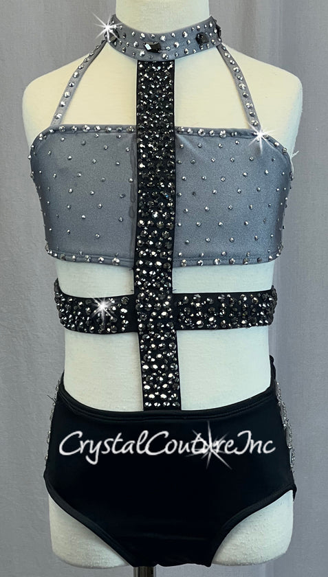 Grey and Black Connected Two Piece with Strappy Hip and Rhinestones