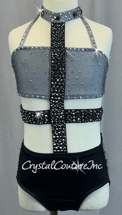 Grey & Black Connected Two Piece with Strappy Side Hip Detail - Rhinestones