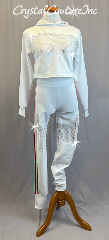 White and Red Hooded Track Suit with Netting and Rhinestones