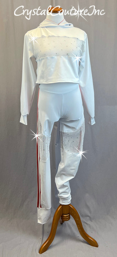 White and Red Hooded Track Suit with Netting - Rhinestones