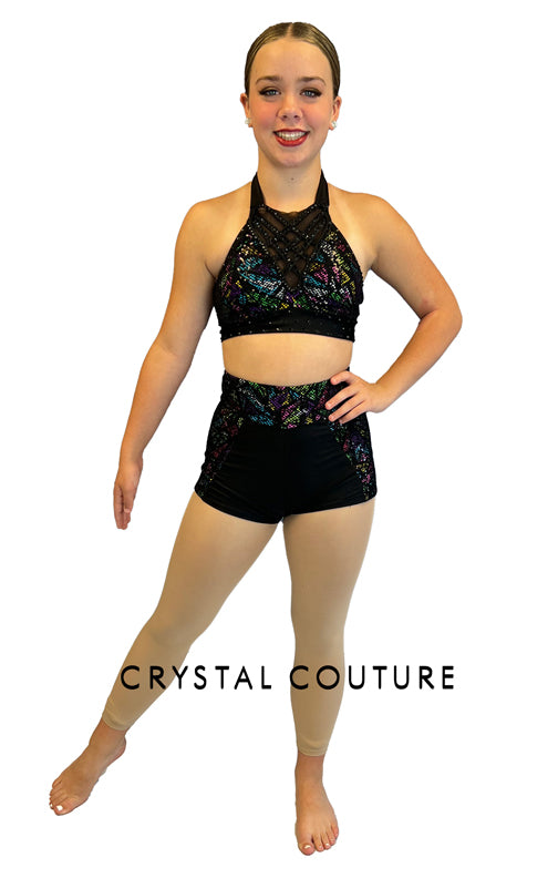 Multicolor Neon Halter Top and Shorts with Black Mesh Overlay and Rhinestones