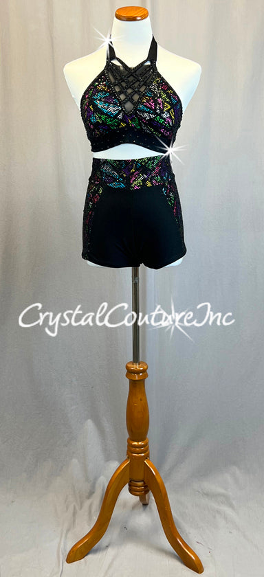 Multicolor Neon Halter Top and Shorts with Black Mesh Overlay - Rhinestones