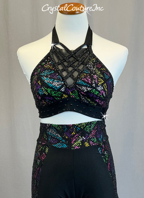 Multicolor Neon Halter Top and Shorts with Black Mesh Overlay - Rhinestones