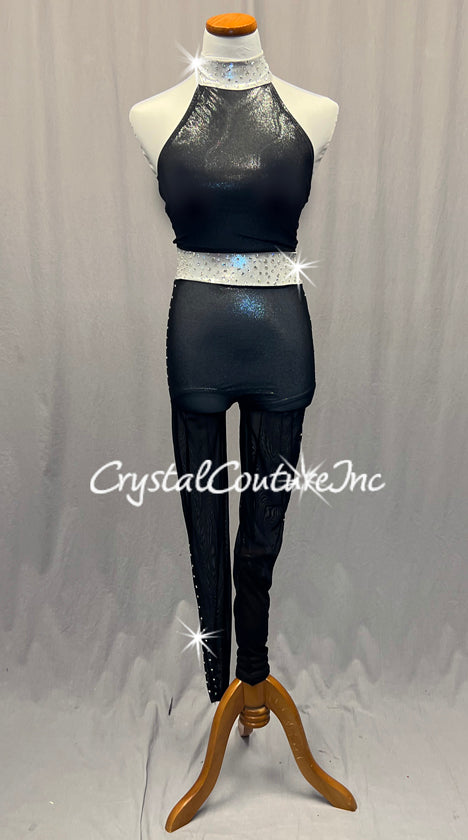 Black and Silver Halter Unitard with Mesh - Rhinestones