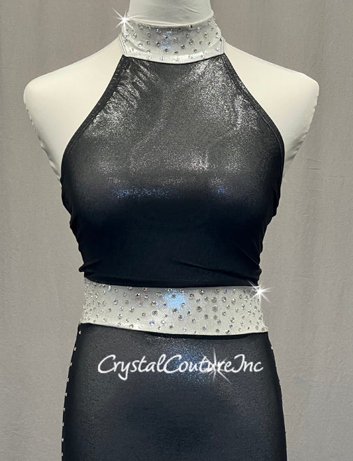 Black and Silver Halter Unitard with Mesh - Rhinestones