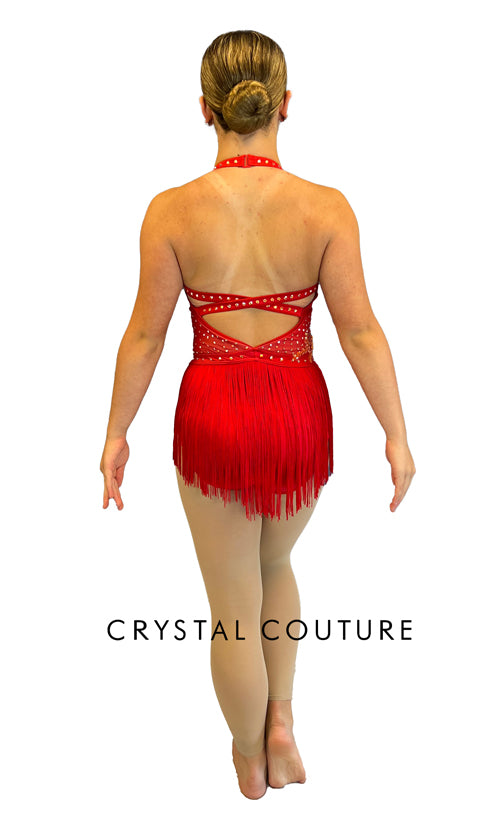 Red Halter Leo with Fringe Skirt and Orange Appliques Rhinestones