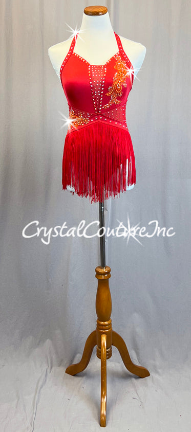 Red Halter Leo with Fringe Skirt and Orange Appliques - Rhinestones