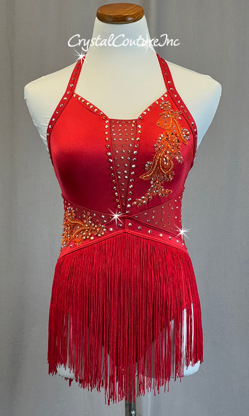 Red Halter Leo with Fringe Skirt and Orange Appliques - Rhinestones