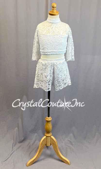 White Lace Mock Neck with Flutter Sleeves and Lace Shorts