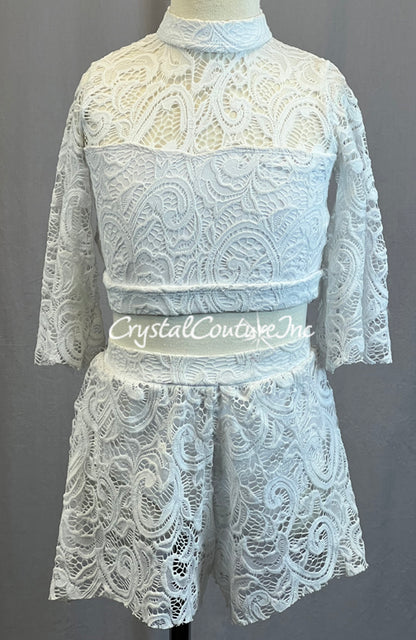 White Lace Mock Neck with Flutter Sleeves and Lace Shorts