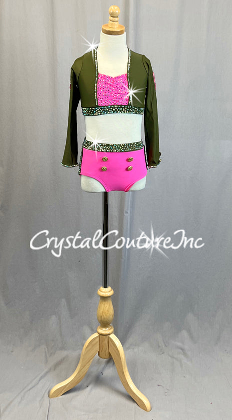 Olive Green and Neon Pink Soldier Two Piece with Rhinestones