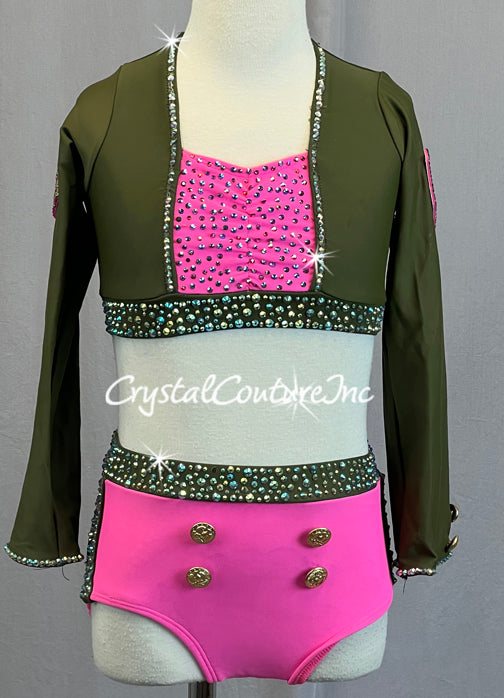 Olive Green and Neon Pink Soldier Two Piece - Rhinestones
