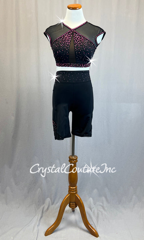 Black and Pink Mesh Cap Sleeve Top with Biker Shorts - Rhinestones