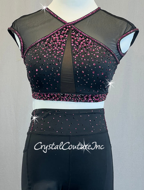 Black and Pink Mesh Cap Sleeve Top with Biker Shorts - Rhinestones