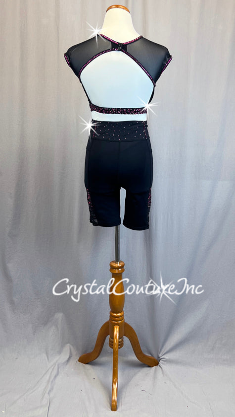 Black and Pink Mesh Cap Sleeve Top with Biker Shorts and Rhinestones