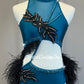 Teal Connected Two Piece with Black Feather Bustle - Rhinestones and Appliques