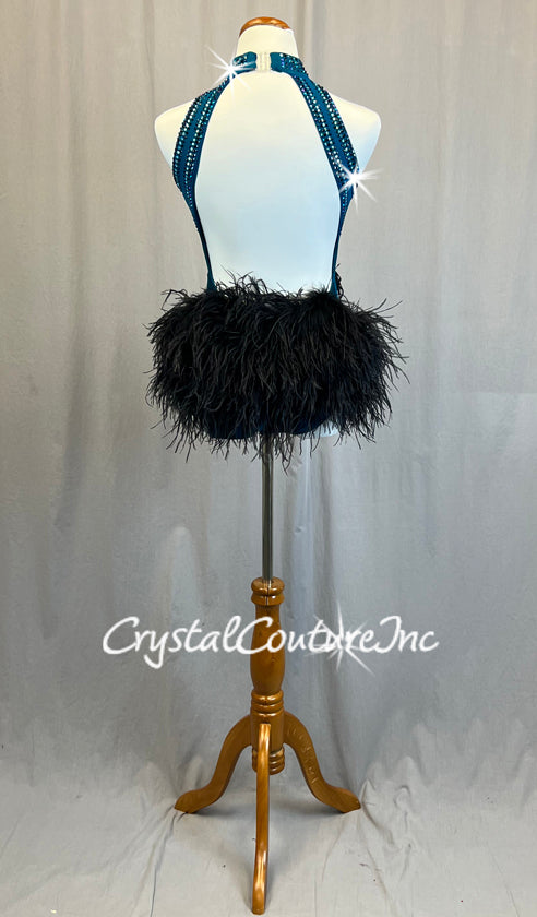 Teal Connected Two Piece with Black Feather Bustle - Rhinestones and Appliques