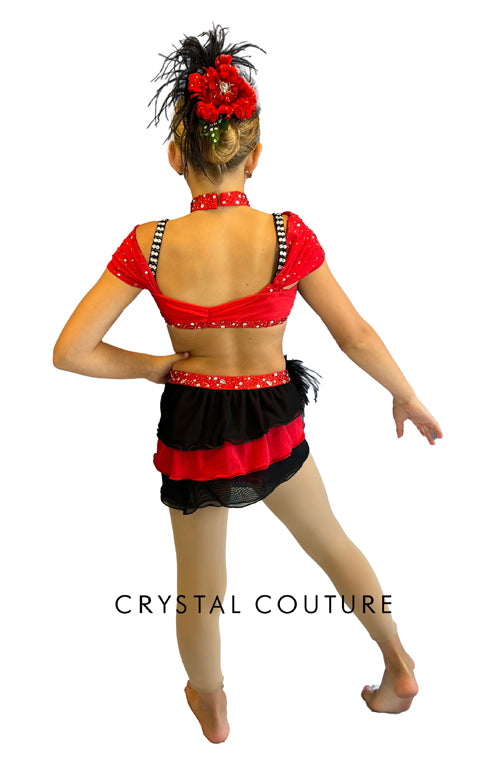Custom Black and Red Off Shoulder Top with Tiered Ruffle Skirt and Feathered Headpiece - Rhinestones