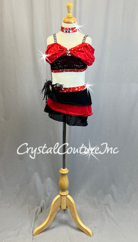 Custom Black and Red Off Shoulder Top with Tiered Ruffle Skirt and Feathered Headpiece - Rhinestones