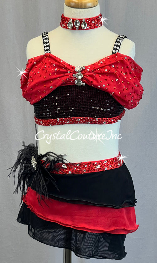 Custom Black & Red Off Shoulder Top with Tiered Ruffle Skirt - Rhinestones