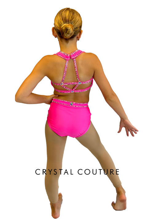 Custom Bright Pink Halter Two Piece with Strappy Back and Rhinestones