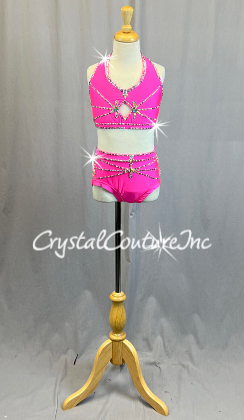 Custom Bright Pink Halter Two Piece with Strappy Back - Rhinestones