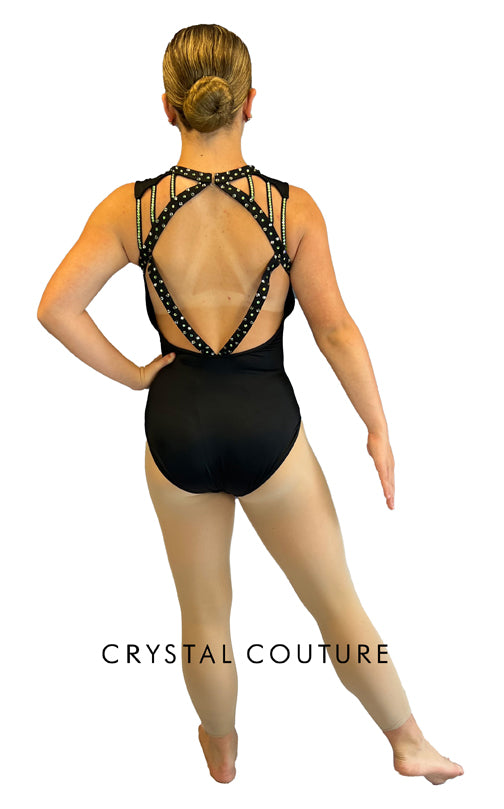 Black Strappy Leotard with Open Back and Peridot Rhinestones