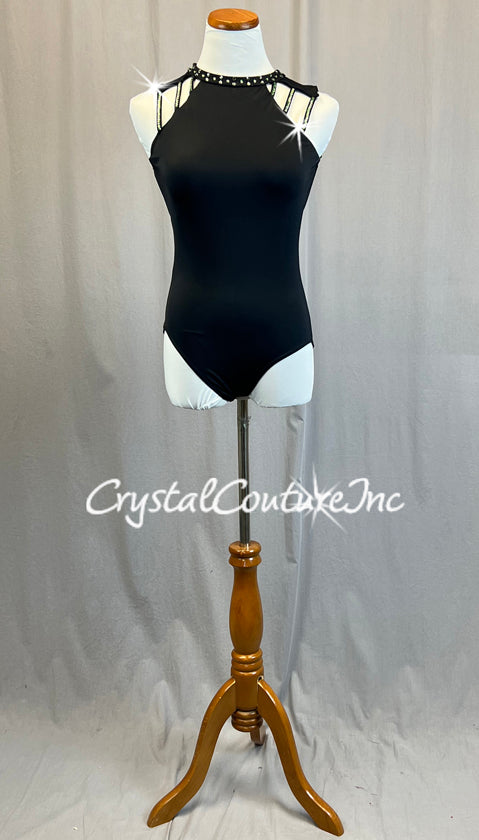 Black Strappy Leotard with Open Back and Peridot Rhinestones