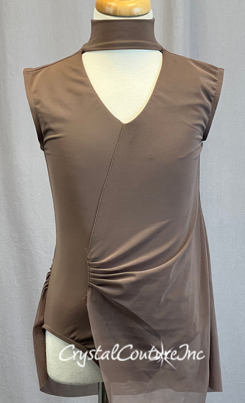Taupe Cap Sleeve Leo with Ruched Mesh Overlay