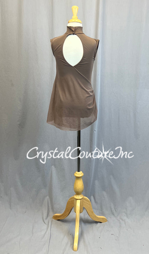 Taupe Cap Sleeve Leo with Ruched Mesh Overlay