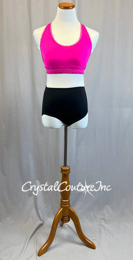 Hot Pink Bra Top with Triangle Back Opening and Black Trunks - Rhinestones