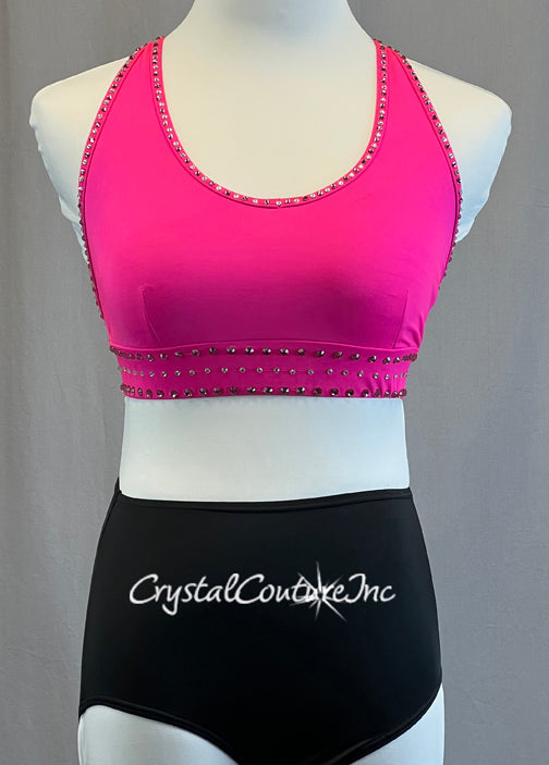 Hot Pink Bra Top with Triangle Back Opening and Black Trunks - Rhinestones