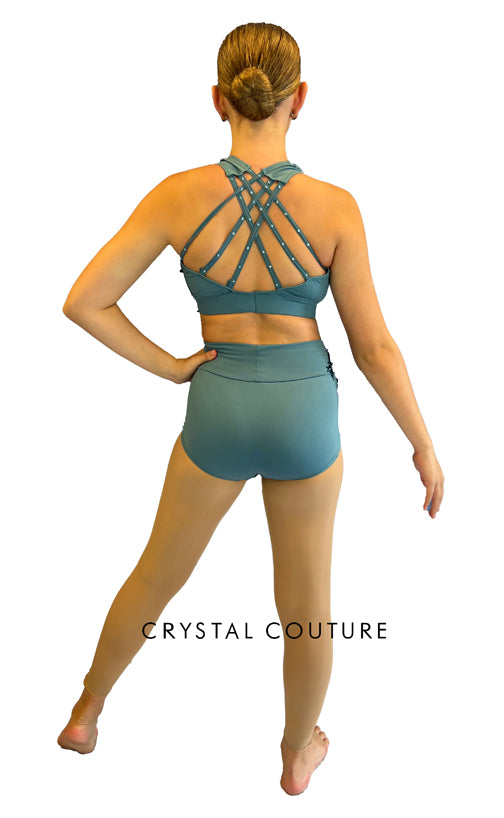 Smoky Teal Strappy Back Top with High Waisted Trunks - Appliques and Rhinestones