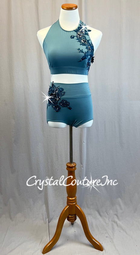 Smoky Teal Strappy Back Top with High Waisted Trunks - Appliques and Rhinestones