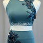 Smoky Teal Strappy Back Top with High Waisted Trunks - Appliques and Rhinestones
